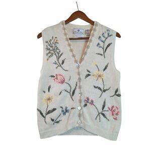 Chandler Hill VTG Hand Embroidered Floral Sweater Vest Cream Sz Md Cottagecore